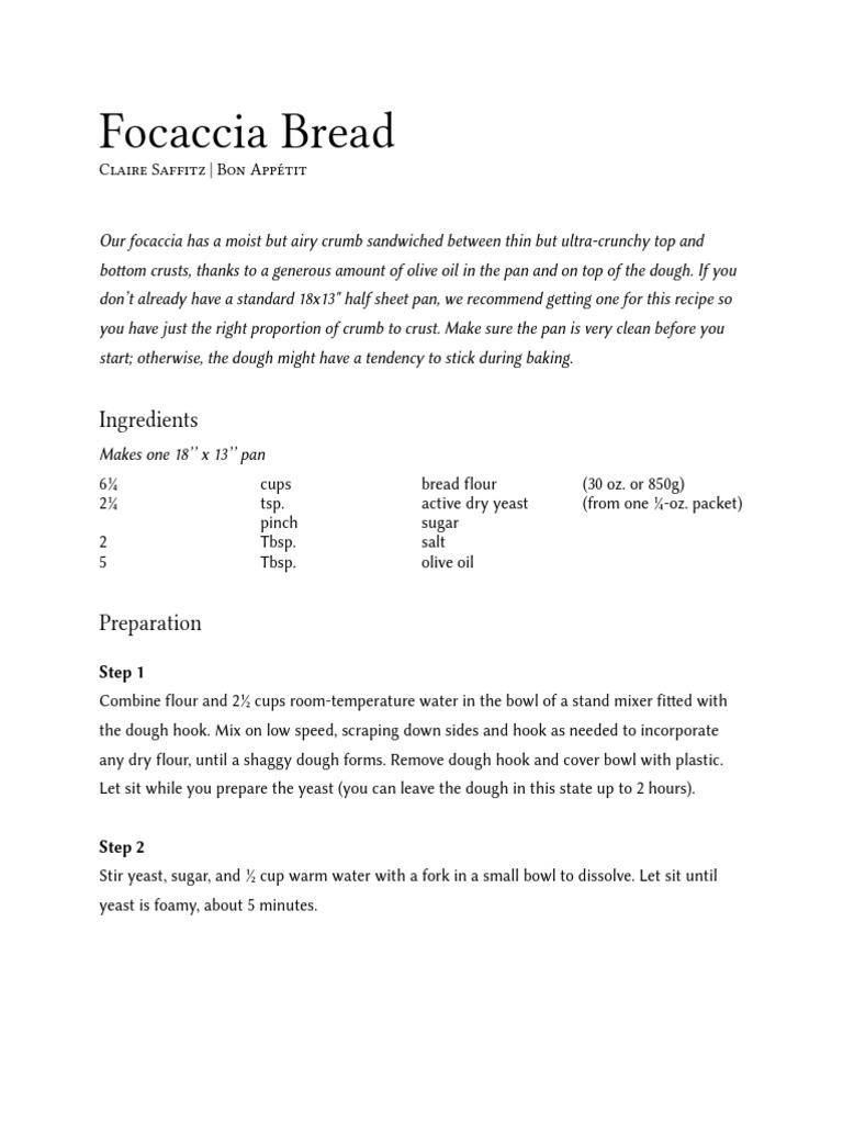 Focaccia Bread Ingredients PDF Baker's Yeast Breads