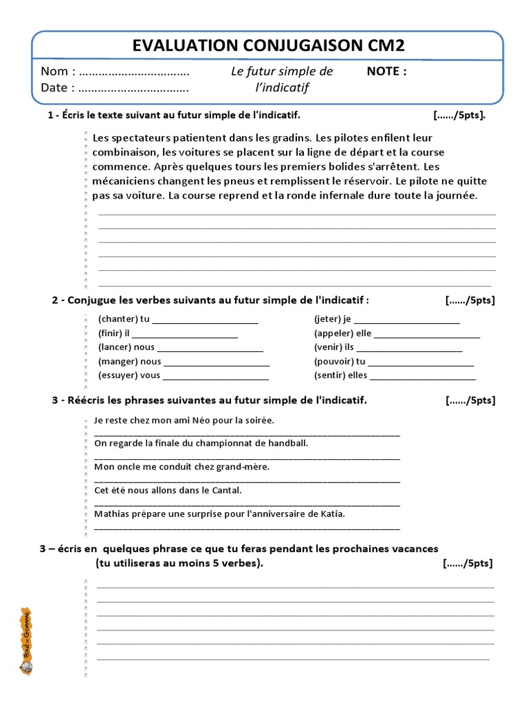 Evaluation Conjugaison Cm2 Tous Les Temps Evaluation Conjugaison Le Futur Simple CM2 | PDF | Grammaire | Morphologie  linguistique