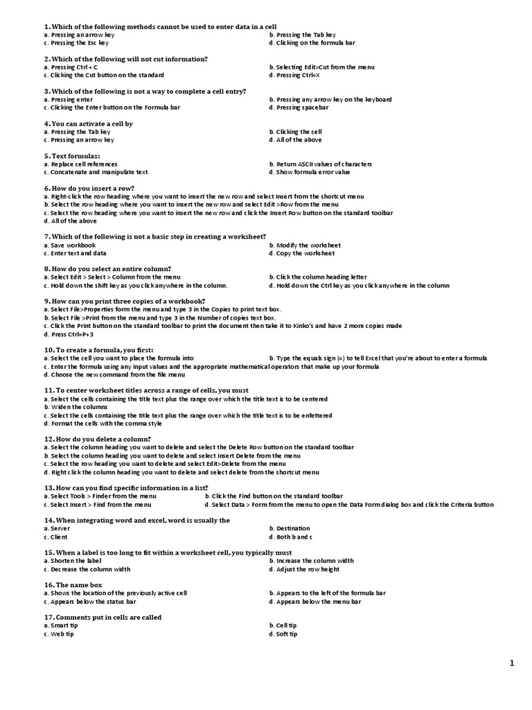Ms excel mcqs pdf microsoft excel worksheet