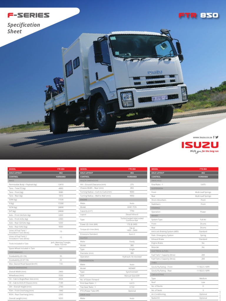 Isuzu Trucks Sa FTR 850 Specification Sheets A4 Digital FC e | PDF ...