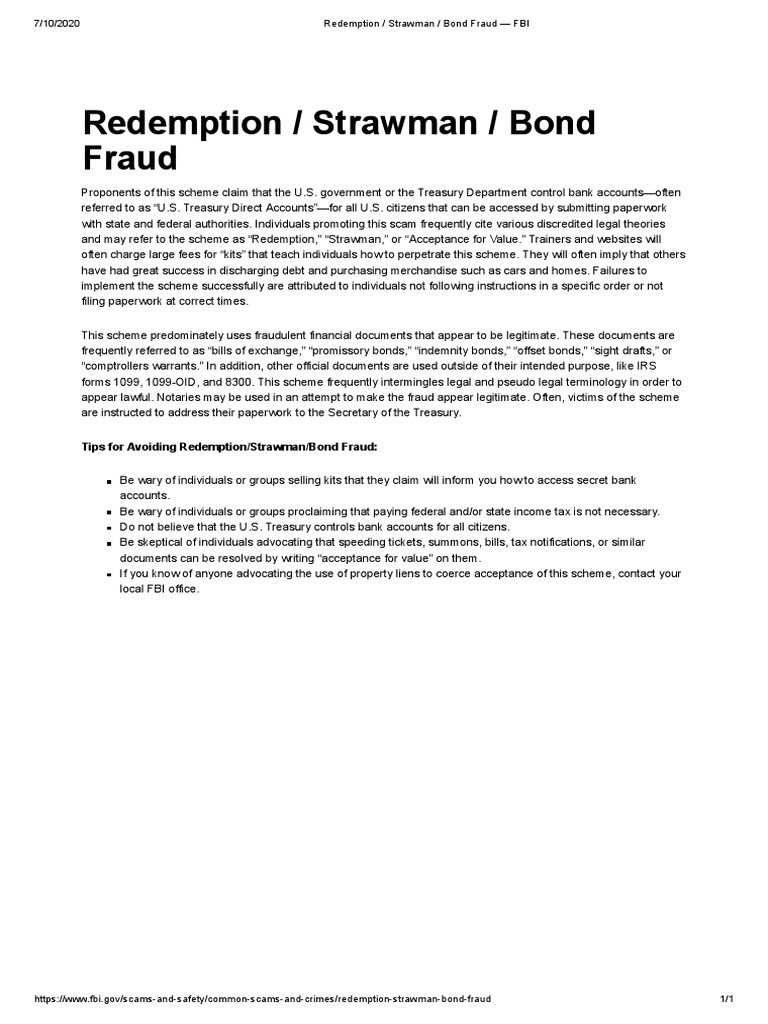 Redemption Strawman Bond Fraud FBI PDF United States