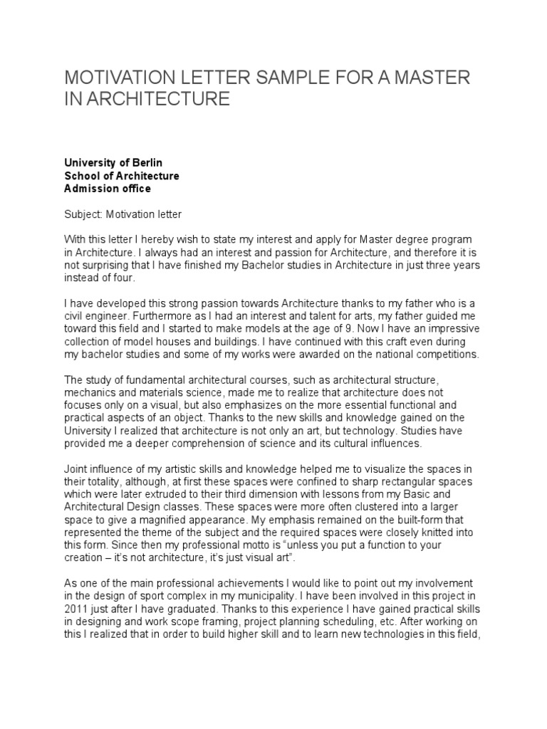 MOTIVATION LETTER FOR MASTER IN ARCHITECTURE | PDF | Space | University