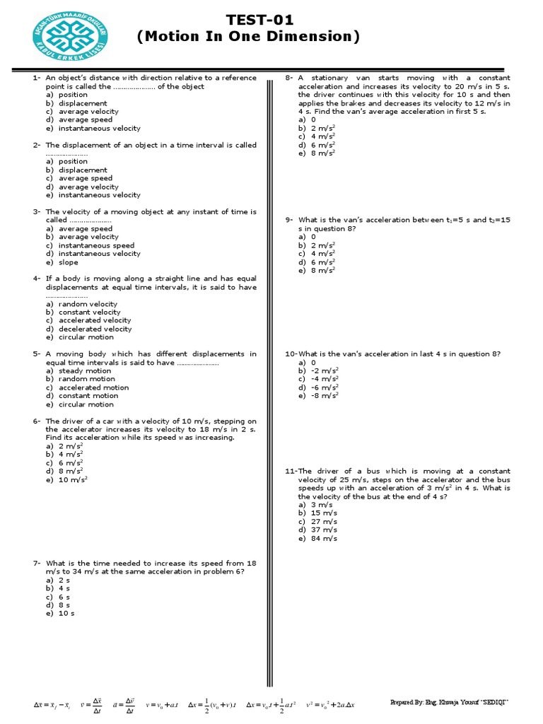 Motion in One Dimension Test Questions | PDF | Velocity | Acceleration