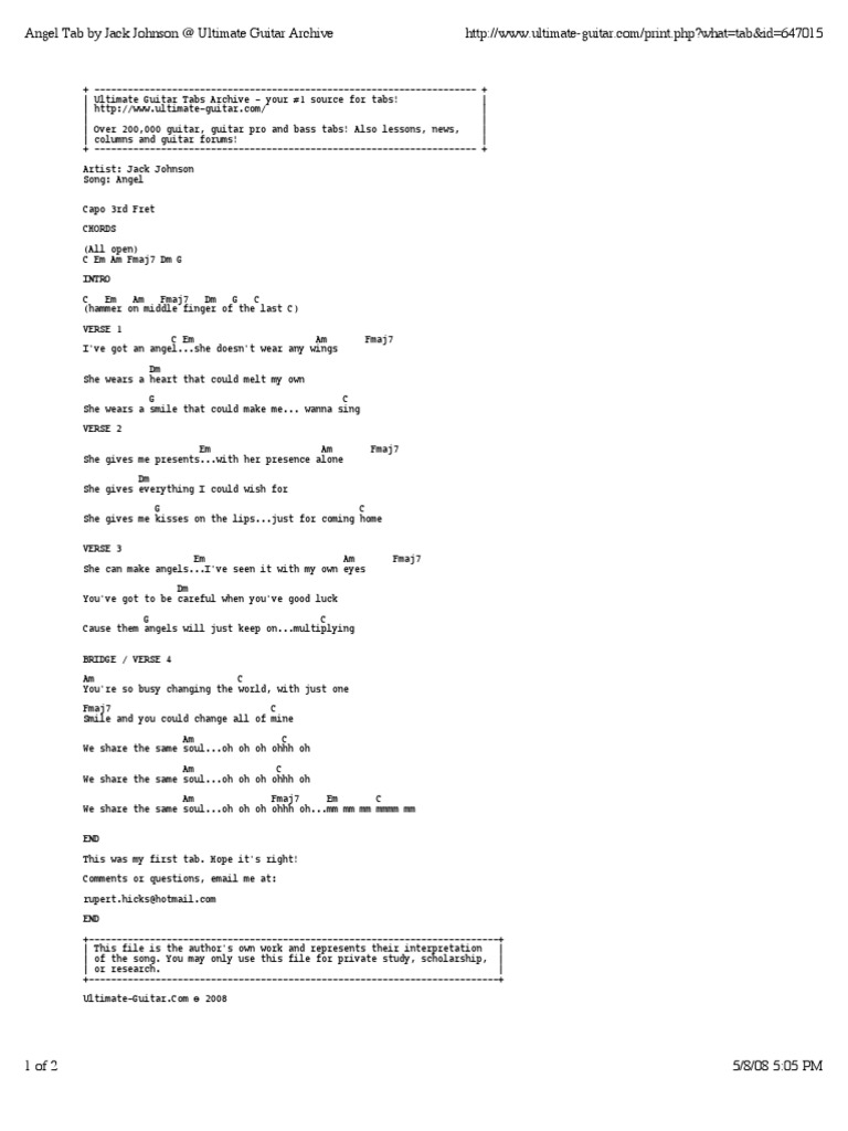 Angel Jack Johnson Guitar Chords