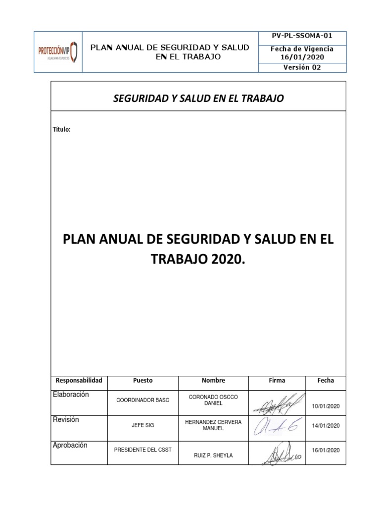 Plan Anual de Seguridad y Salud en El Trabajo 2020 Final | PDF ...
