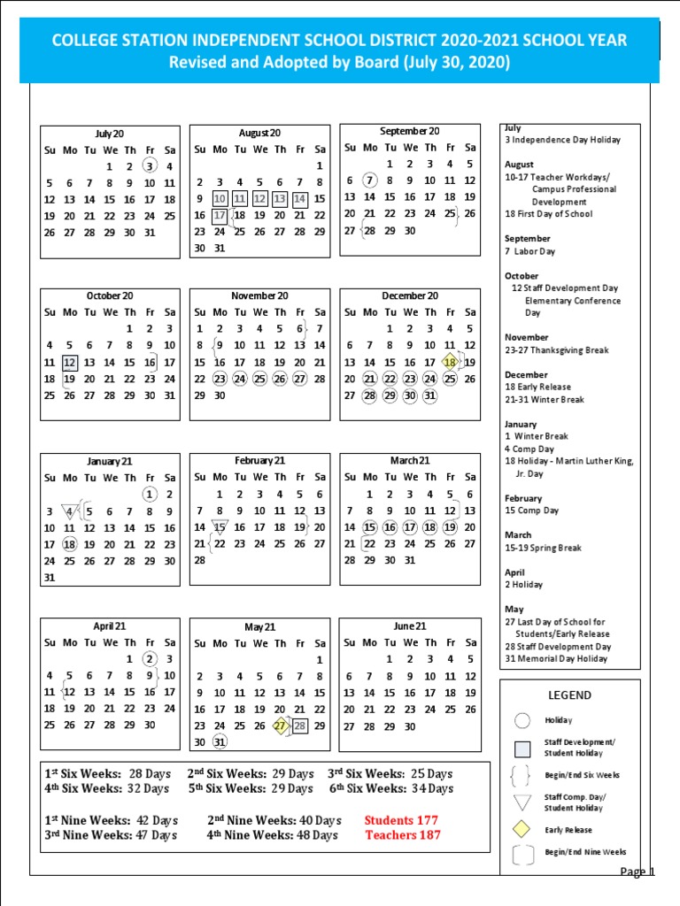 20202021 CSISD Calendar Revised 073020 PDF Holidays Observances