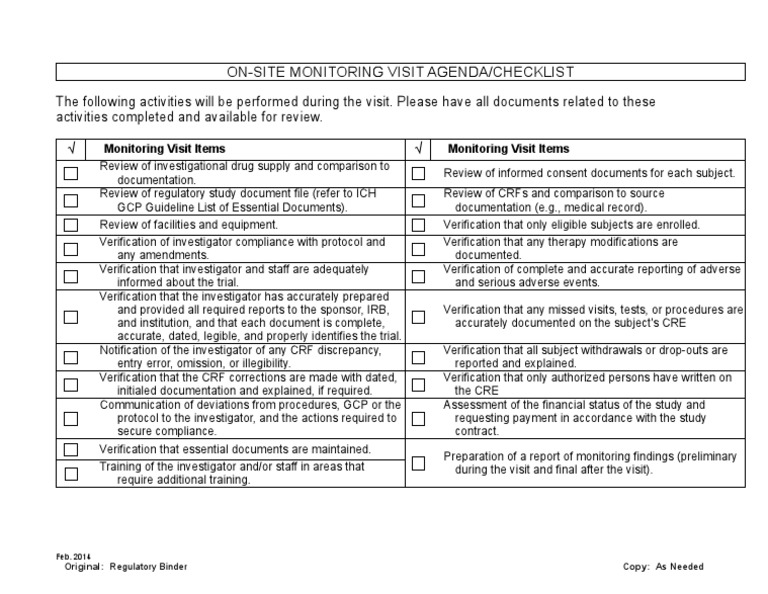 On-Site Monitoring Visit Checklist | PDF | Medical Record | Health Sciences