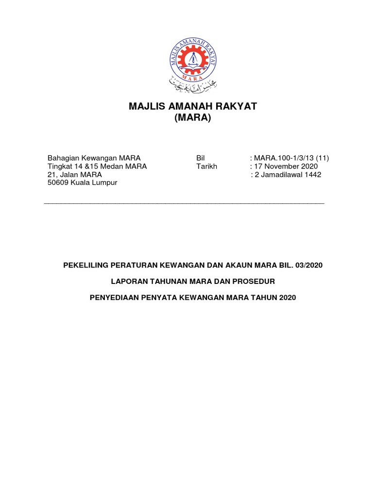 Pekeliling Peraturan Kewangan Dan Akaun Mara Bil 3 2020 Pdf