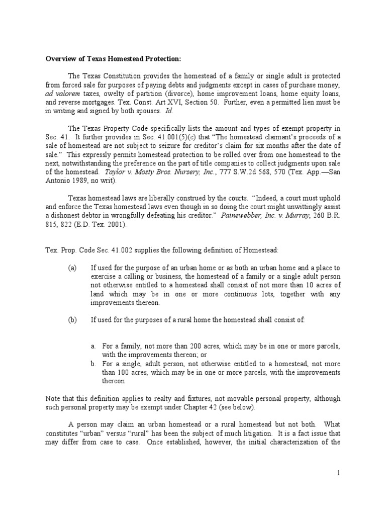 Texas Homestead Act Memo Judgment (Law) Mortgage Law