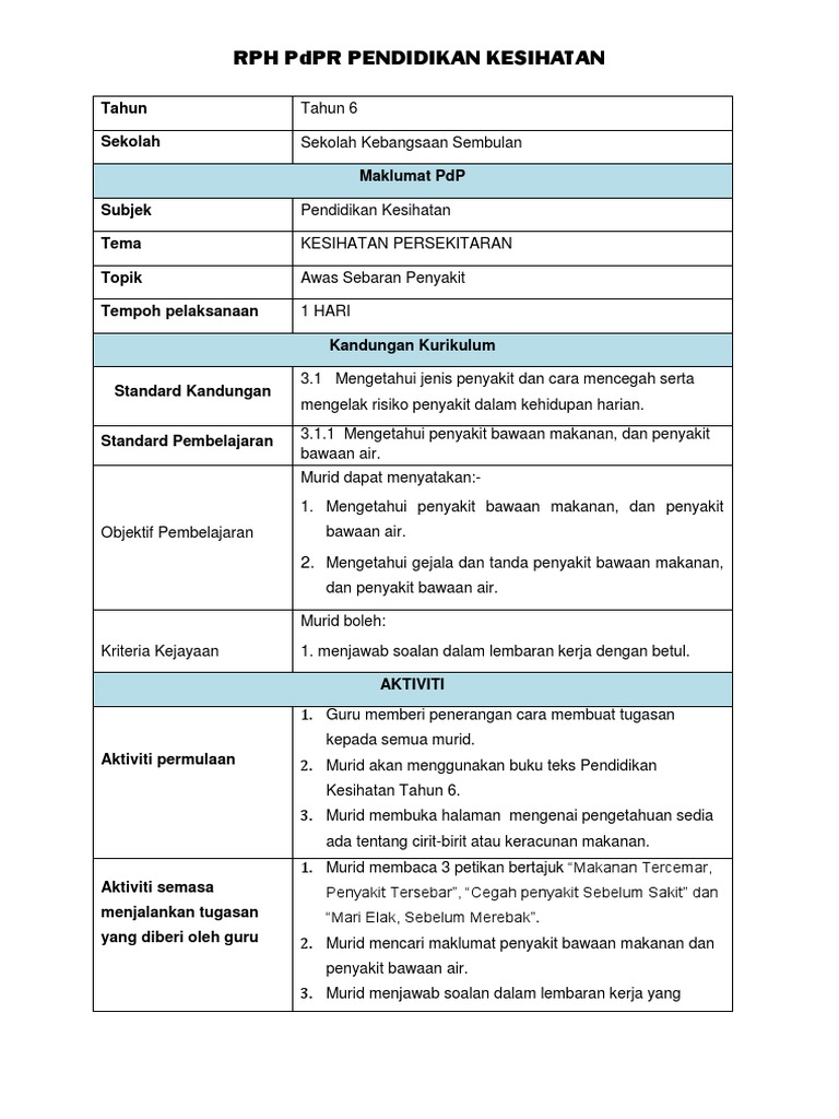 Rph Pendidikan Kesihatan Tahun 6 Pdf
