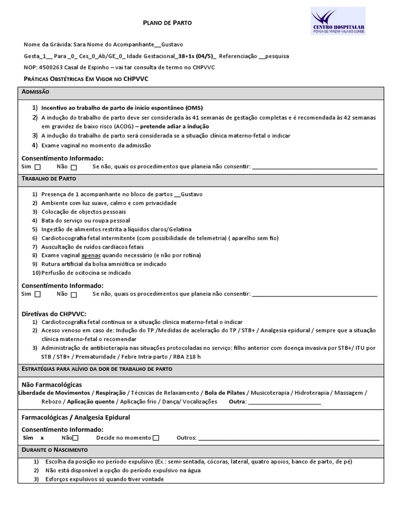Plano de Parto | PDF | Parto | Gravidez
