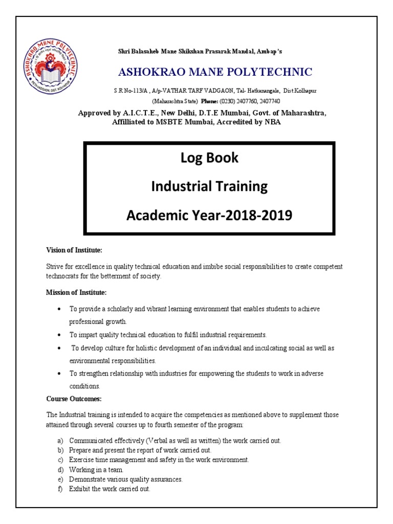 Log Book Industrial Training Academic Year-2018-2019: Ashokrao Mane ...