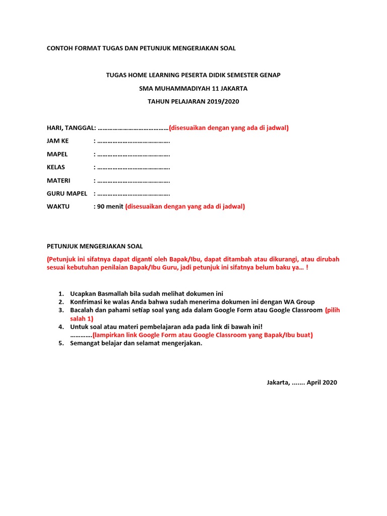 Contoh Format Dan Petunjuk Mengerjakan Soal | PDF