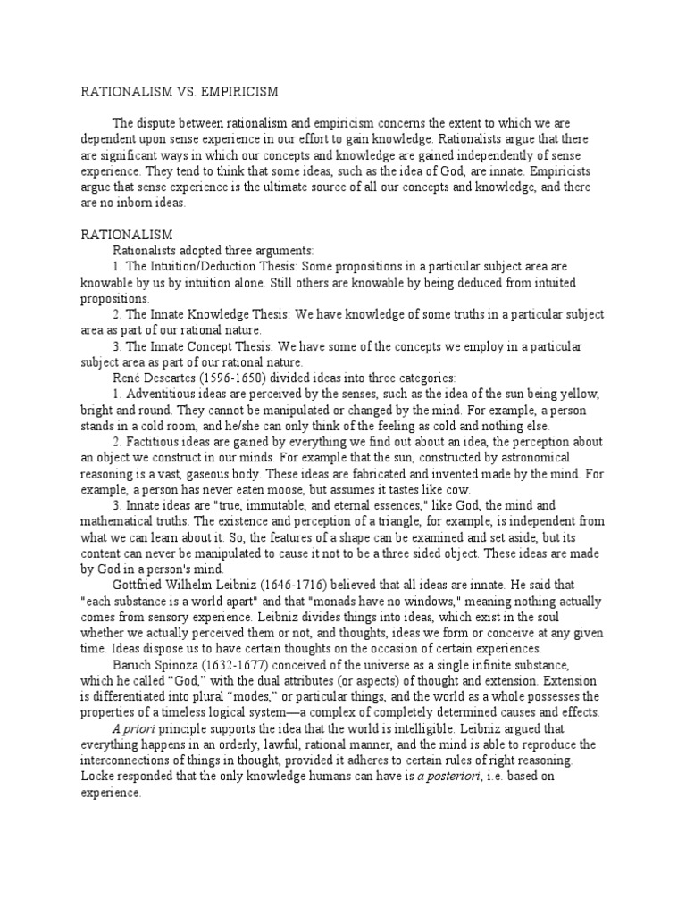 Rationalism Vs Empiricism Pdf Rationalism Empiricism