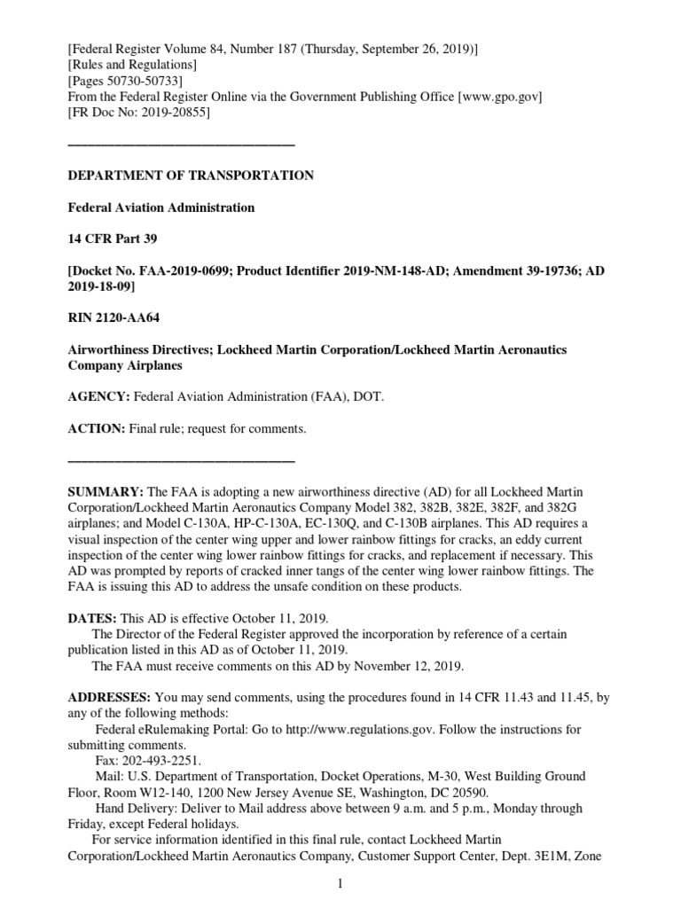 AD 2019-18-09: Lockheed Martin Safety Directive | PDF | Federal ...