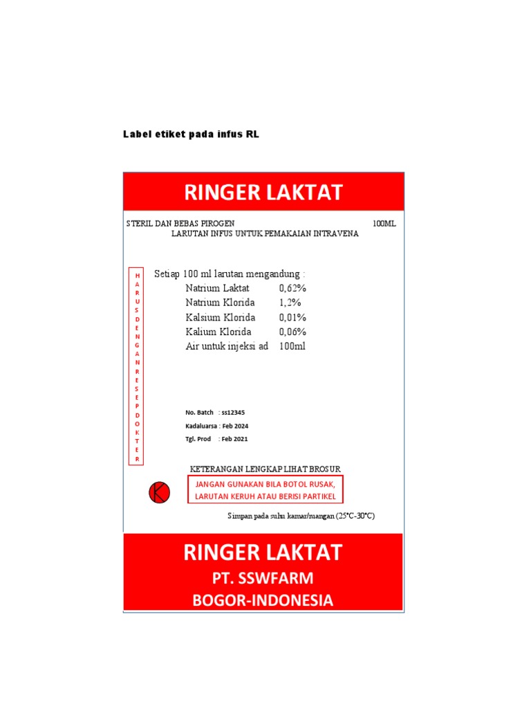 Label Infus Ringer Laktat 100 ml | PDF