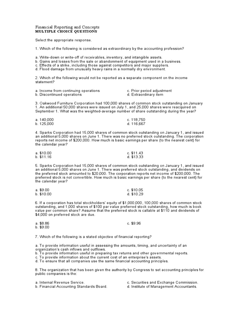 Financial Reporting MCQs and Answers | PDF | Stocks | Preferred Stock