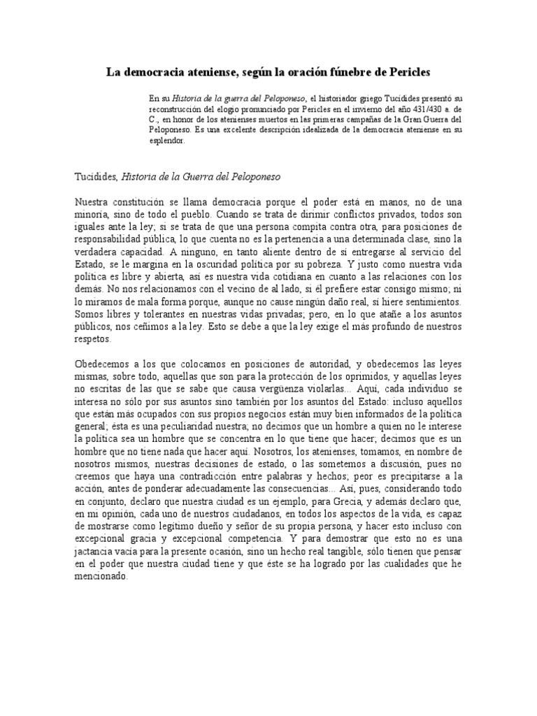 Democracia Ateniense en Oración Fúnebre de Pericles | PDF | Guerra del ...