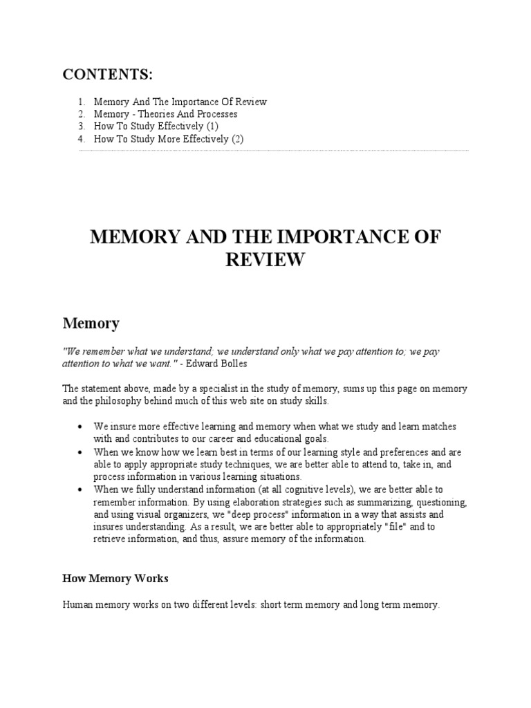 Memory, Review & How To Study More Effectively | PDF | Recall (Memory ...