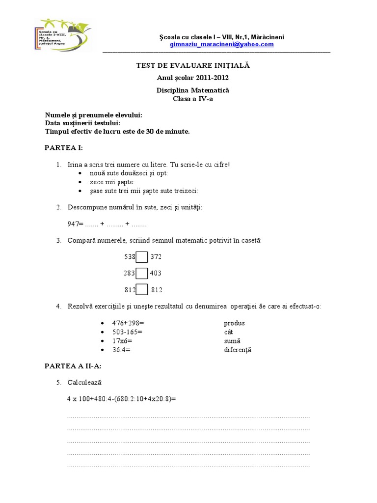 Test de Evaluare Initiala Matematica Var2 | PDF