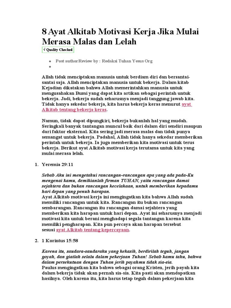 8 Ayat Alkitab Motivasi Kerja Jika Mulai Merasa Malas Dan Lelah Pdf