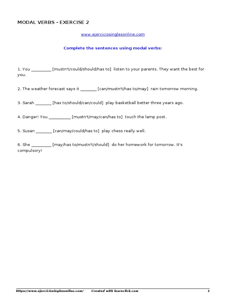 Modal Verbs Exercise 2 | PDF