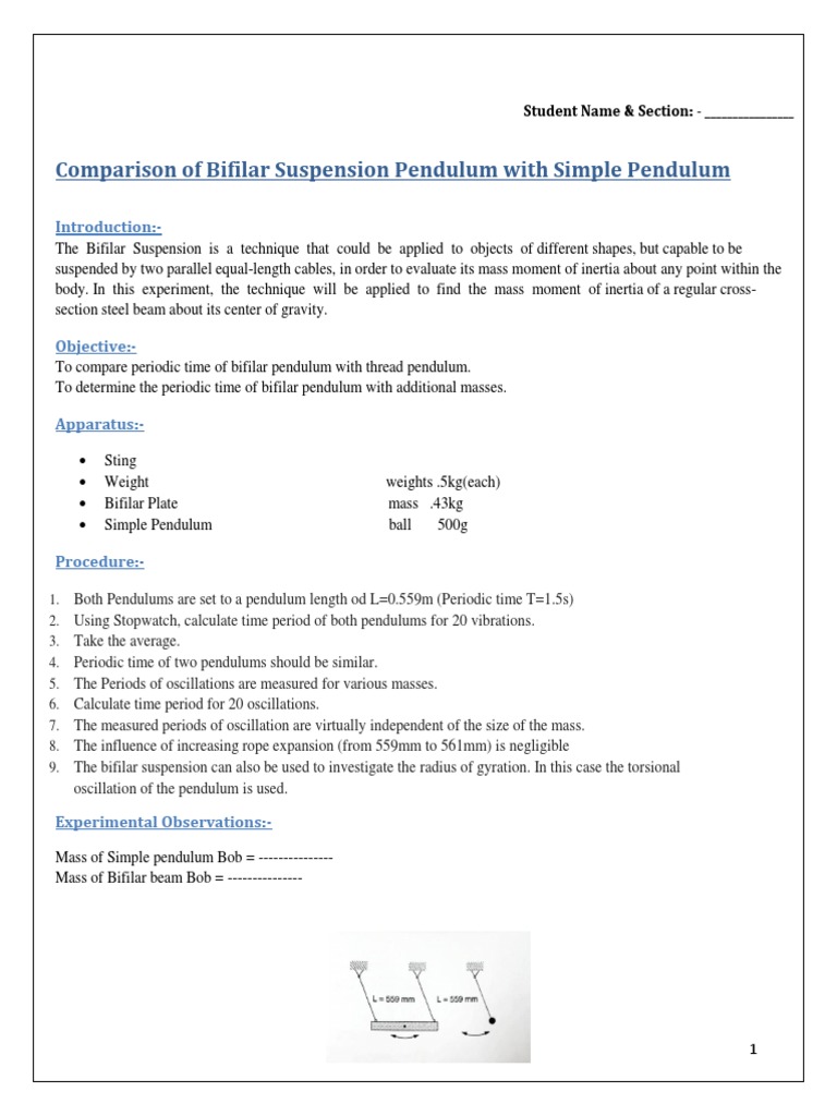 Student Manual Of Bifilar Pendulum Pendulum Mass