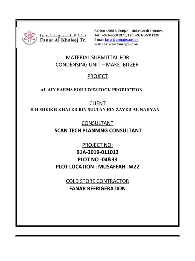 Material Submittal For Condensing Unit - Make:Bitzer Project | PDF