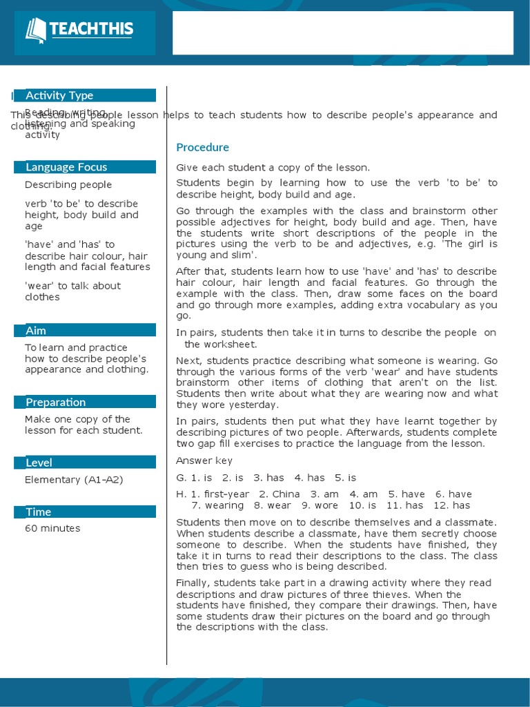 Describing People Lesson: Activity Type | PDF | English As A Second Or ...