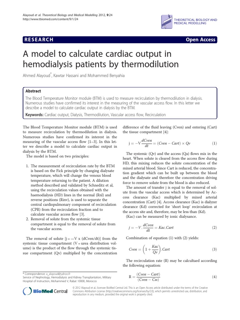 A Model To Calculate Cardiac Output in Hemodialysis Patients by