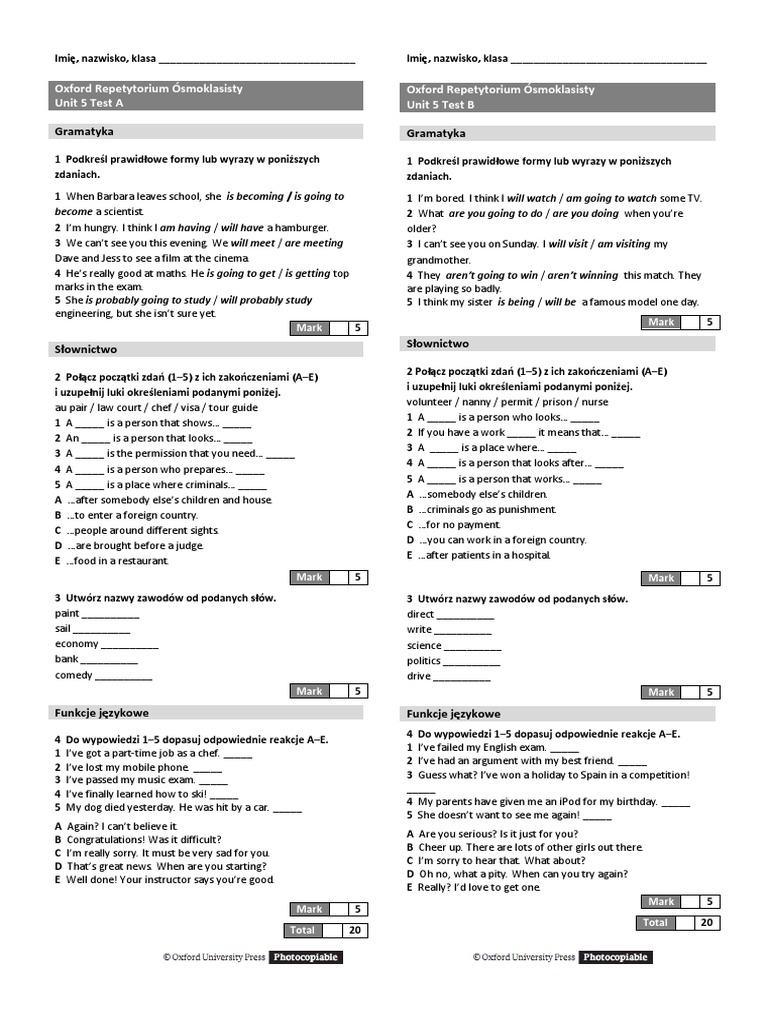Oxford Repetytorium ósmoklasisty Unit 1 Test A