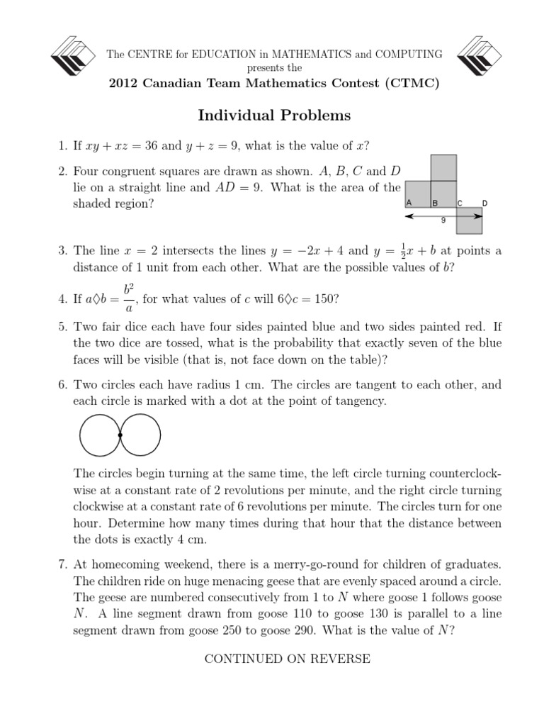 2012 Canadian Team Math Contest Problems | PDF | Tangent | Mathematical ...