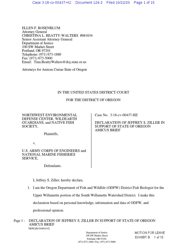ODFW Amicus: Ziller Declaration - NEDC, WildEarth Guardians, NFS vs ...