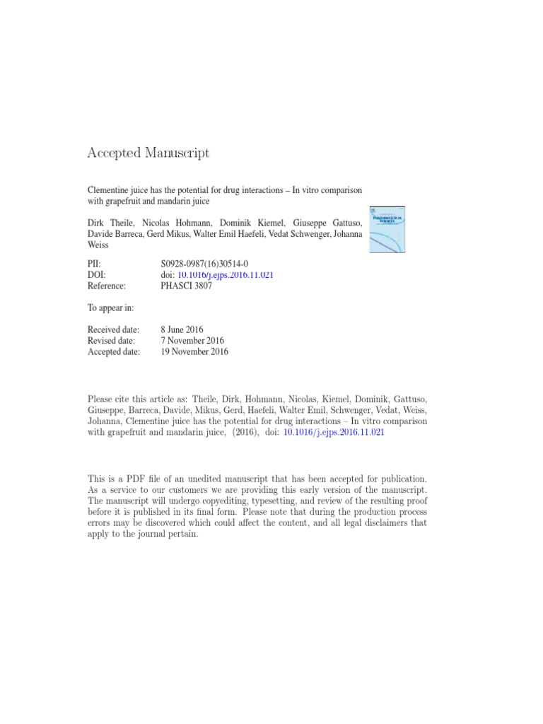 Clementine Juice Has The Potential For Drug Interactions in Vitro