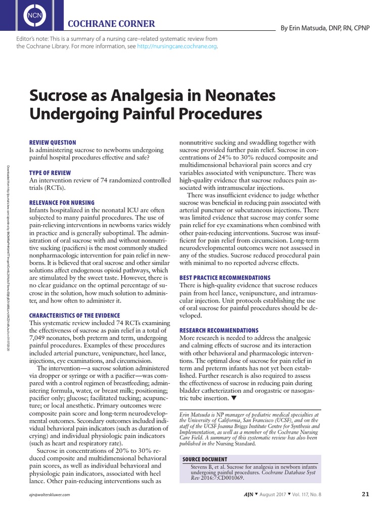 Sucrose As Analgesia in Neonates Undergoing Painful Procedures PDF