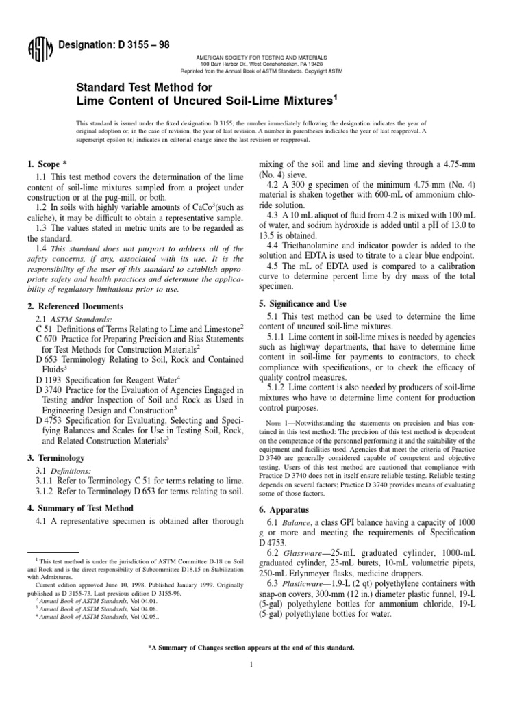 Lime Content of Uncured Soil-Lime Mixtures: Standard Test Method For | PDF