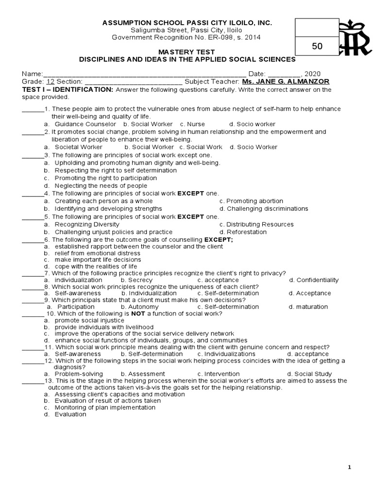 DIASS Mastery Test PDF Counseling Psychology Social Work