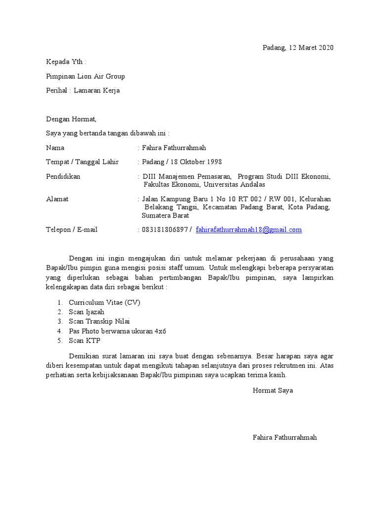 Surat Lamaran Lion Air | PDF