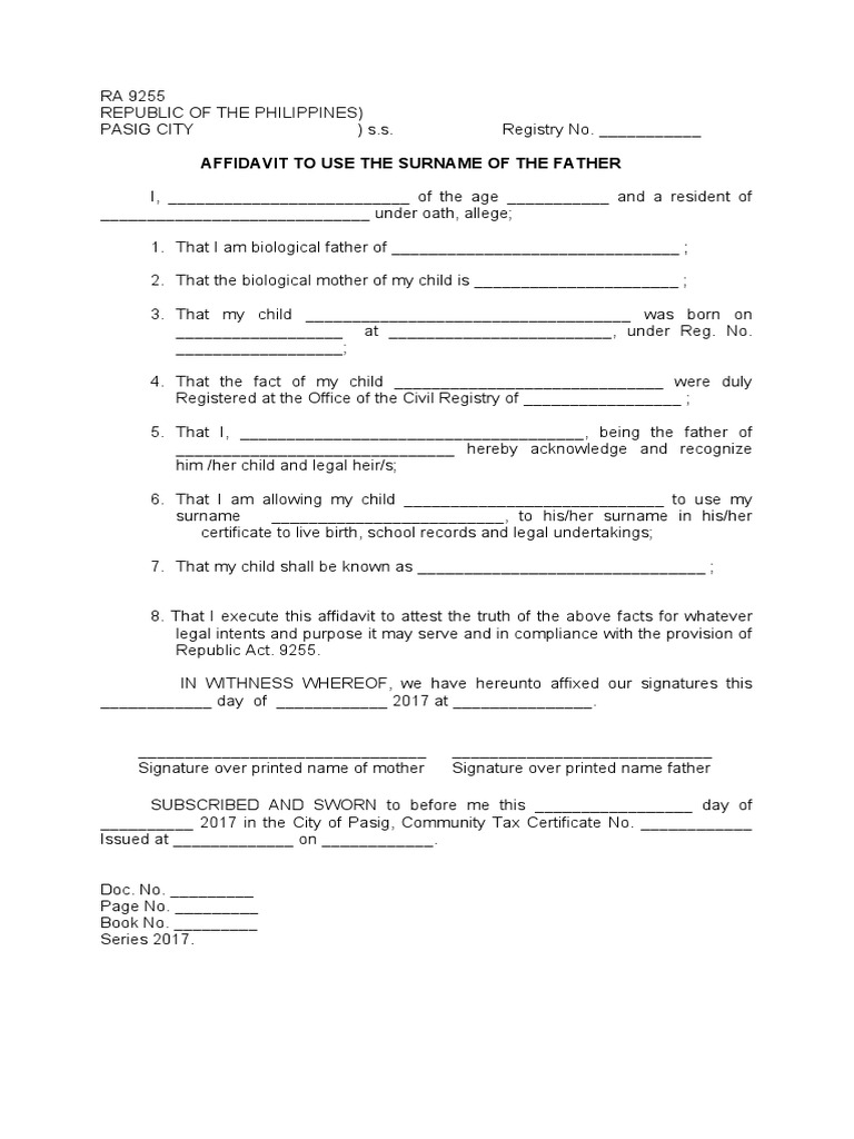 Affidavit To Use The Surname of The Father | PDF | Affidavit | Civil ...