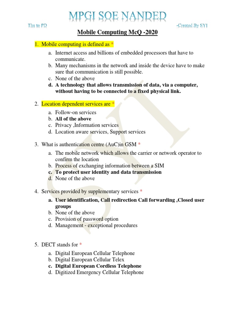 Mobile Computing MCQ PDF Cellular Network Computer Network