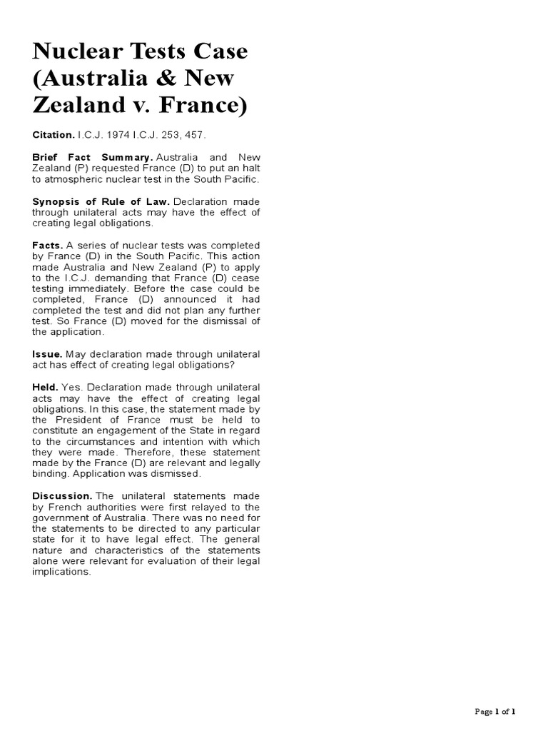Nuclear Test Cases (Australia v. France New Zealand v. France, I.C.J