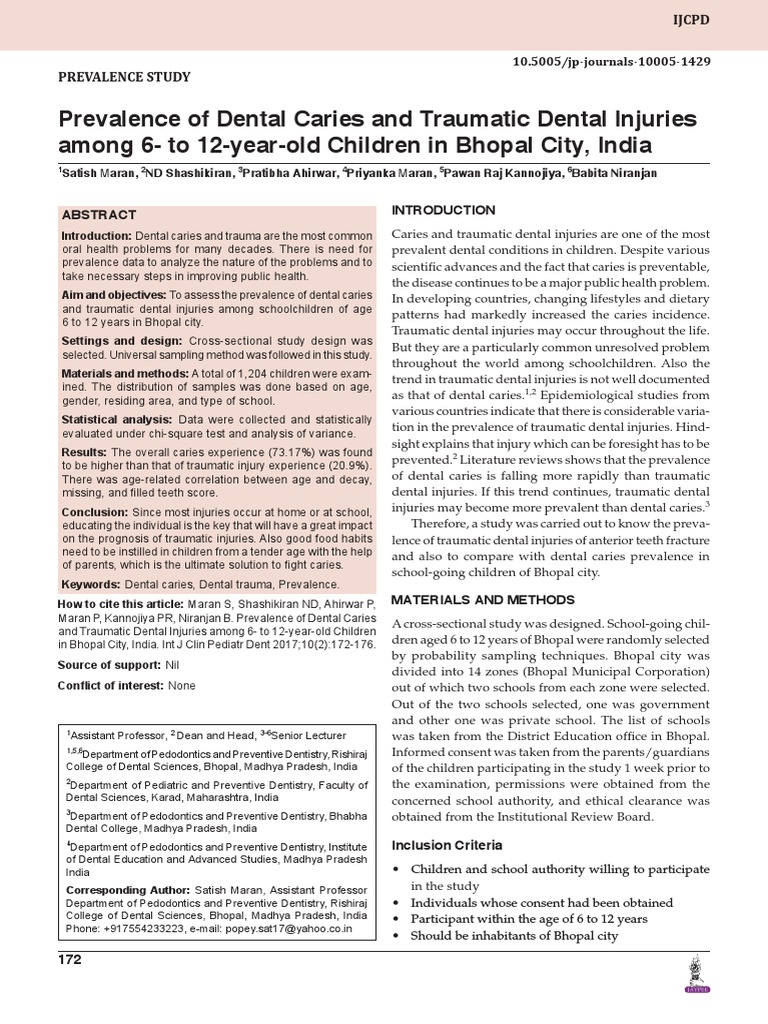 Dental Caries and Injuries in Bhopal Kids | PDF | Dentistry | Mouth
