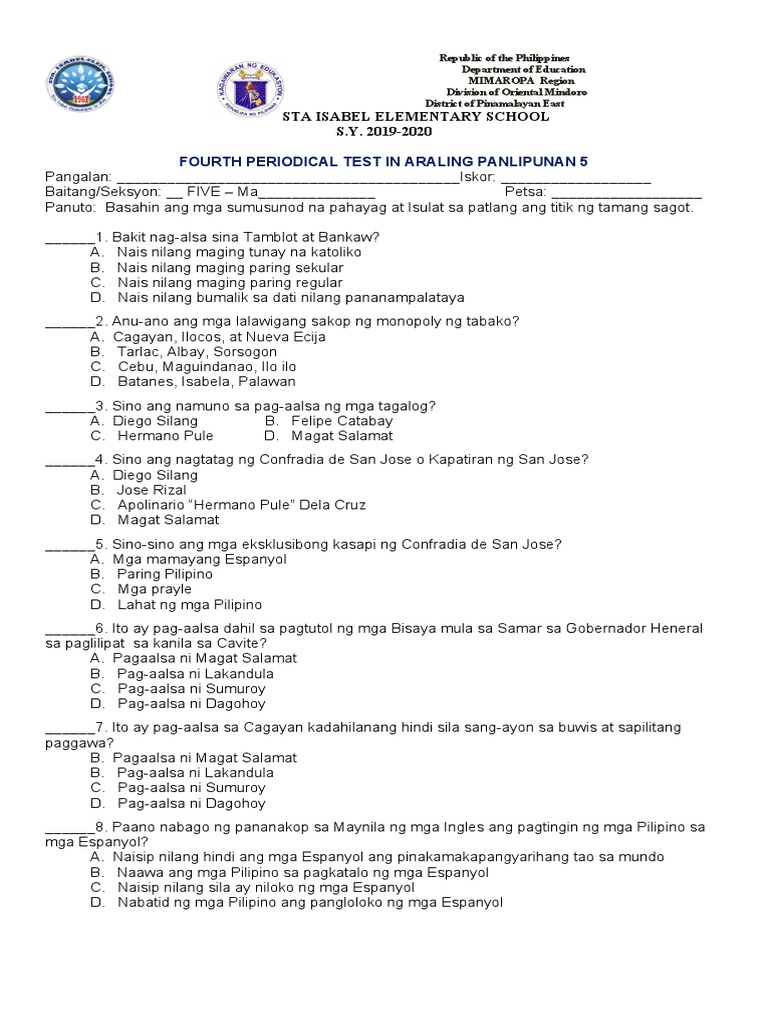Fourth Periodical Test in Araling Panlipunan 5: Sta Isabel Elementary ...