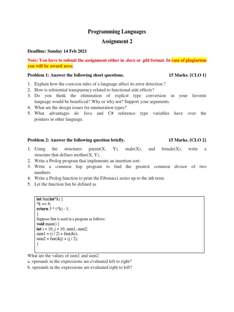 Programming Languages Assignment 2: Deadline: Sunday 14 Feb 2021 | PDF