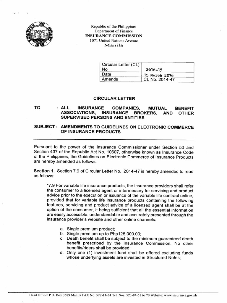 IC Circular Letter 2016-15 | PDF | Insurance | Life Insurance