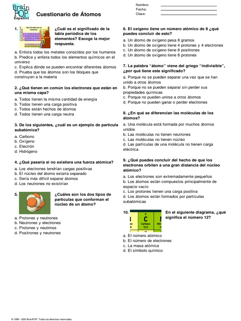 BrainPOP Atomos Quiz PDF Átomos Electrón