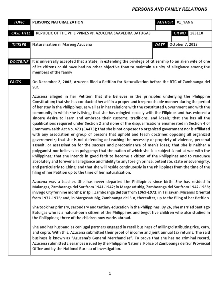 Naturalization Case: Azucena Batugas | PDF | Naturalization | Citizenship