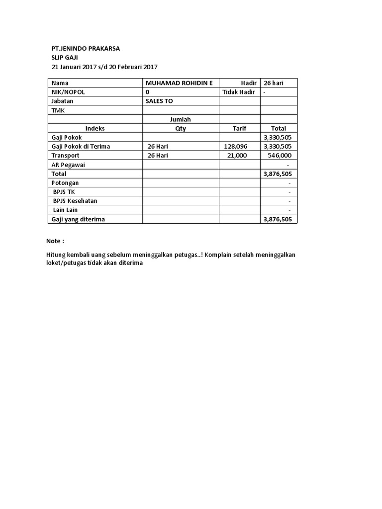 Slip Gaji PT Jenindo Prakarsa | PDF