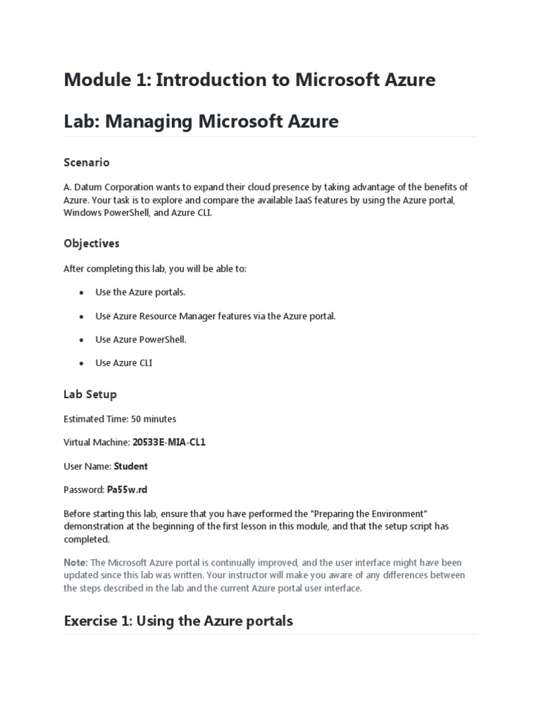 Module 1: Introduction To Microsoft Azure Lab: Managing Microsoft Azure ...