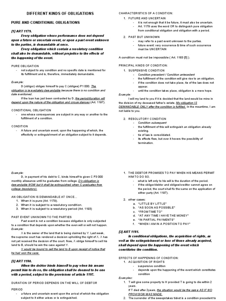 Obligation and Contract DIFFERENT KINDS OF OBLIGATIONS PDF Legal